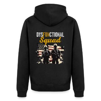 Dysfunktionaler Veteran Dysfunctional Squad - Unisex Premium Bio Zip Hoodie - Schwarz - Hinten - Nico (187cm)