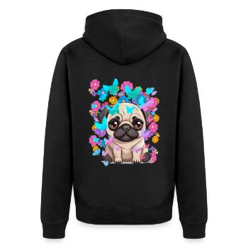 Hund Hunde Mops Frühling Blumen Schmetterlinge - Unisex Premium Bio Zip Hoodie - Schwarz - Hinten - Nico (187cm)