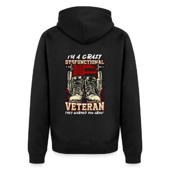 Dysfunktionaler Veteran They Warned You About - Unisex Premium Bio Zip Hoodie - Schwarz - Hinten - Nico (187cm)