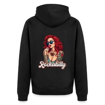 Cool Rockabilly Frau im Syle der 50er - Unisex Premium Bio Zip Hoodie - Schwarz - Hinten - Nico (187cm)