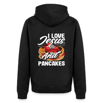 J’aime Jésus et les crêpes - Veste à capuche bio Premium Unisexe - noir - Dos - Nico (187cm)