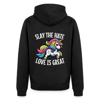 Slay The Hate Love Is Great Lgbtq+ Unicorn Pride - Unisex Premium Bio Zip Hoodie - Schwarz - Hinten - Nico (187cm)