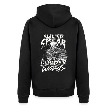 Kendo Swords Speak Louder Than Words - Unisex Premium Bio Zip Hoodie - Schwarz - Hinten - Nico (187cm)
