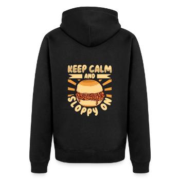 Bleib ruhig und ess nen Sloppy Joe - Unisex Premium Bio Zip Hoodie - Schwarz - Hinten - Nico (187cm)