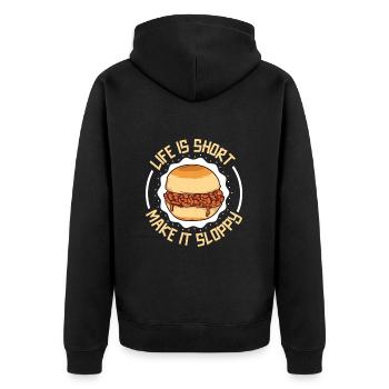 Das Leben ist kurz - ess nen Sloppy Joe - Unisex Premium Bio Zip Hoodie - Schwarz - Hinten - Nico (187cm)