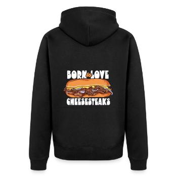 Geboren um Cheesesteaks zu lieben - Unisex Premium Bio Zip Hoodie - Schwarz - Hinten - Nico (187cm)