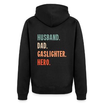 Echtes Professionelles Gaslighting - Unisex Premium Bio Zip Hoodie - Schwarz - Hinten - Nico (187cm)