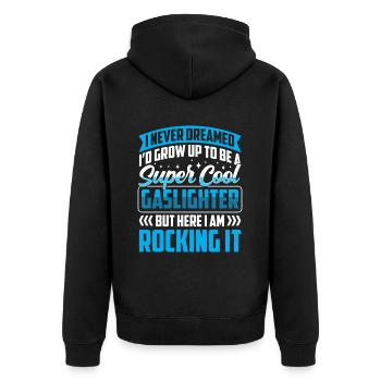 Echtes Professionelles Gaslighting - Unisex Premium Bio Zip Hoodie - Schwarz - Hinten - Nico (187cm)