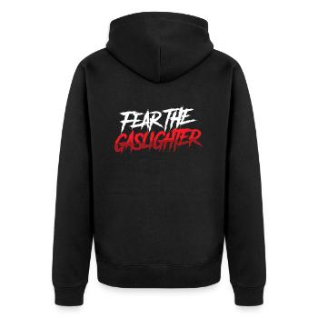 Echtes Professionelles Gaslighting - Unisex Premium Bio Zip Hoodie - Schwarz - Hinten - Nico (187cm)