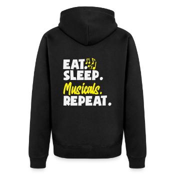 Musical Liebhaber: Eat Sleep Musicals Repeat - Unisex Premium Bio Zip Hoodie - Schwarz - Hinten - Nico (187cm)