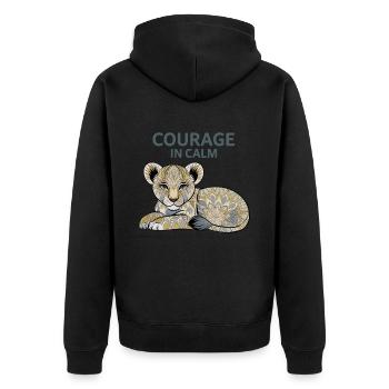 Mut in der Ruhe Löwe – Courage In Calm Design - Unisex Premium Bio Zip Hoodie - Schwarz - Hinten - Nico (187cm)