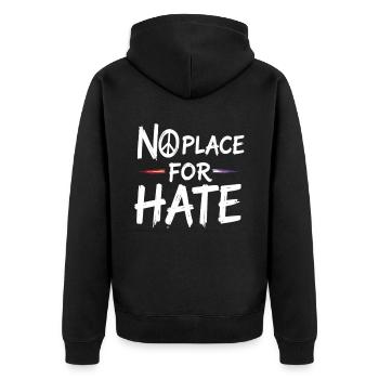 No Place for Hate Friedensbotschaft gegen Hass - Unisex Premium Bio Zip Hoodie - Schwarz - Hinten - Nico (187cm)