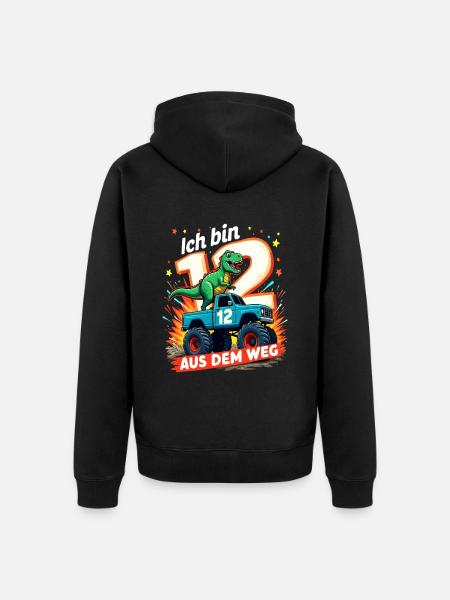Dinosaur 12th Birthday Monster Truck - Unisex Premium Organic Zip Hoodie - black