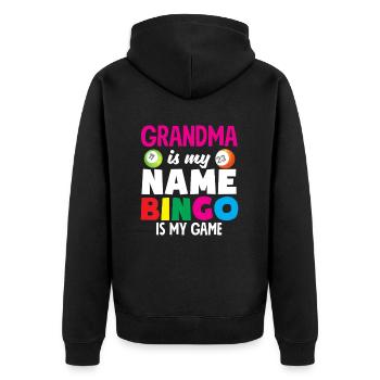 Joueur de bingo Mamie Mon nom Mon jeu - Veste à capuche bio Premium Unisexe - noir - Dos - Nico (187cm)