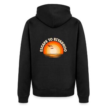 Ich fliehe nach Biyadhoo - Unisex Premium Bio Zip Hoodie - Schwarz - Hinten - Nico (187cm)