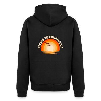 Ich fliehe nach Funamadua - Unisex Premium Bio Zip Hoodie - Schwarz - Hinten - Nico (187cm)