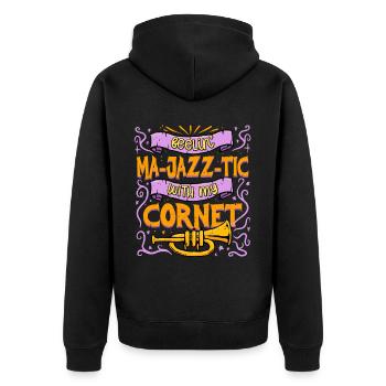 Kornett Feeling Ma-jazz-tic With my Cornet - Unisex Premium Bio Zip Hoodie - Schwarz - Hinten - Nico (187cm)