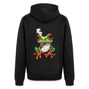 Frosch mit Zigarre im Mund - Weed Frosch Design - Unisex Premium Bio Zip Hoodie - Schwarz - Hinten - Nico (187cm)