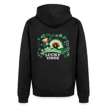 St. Patrick's Day Lucky Vibes Regenbogen - Unisex Premium Bio Zip Hoodie - Schwarz - Hinten - Nico (187cm)