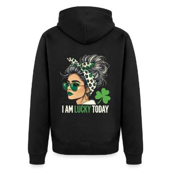 St. Patricks Day I Am Lucky Today Design - Unisex Premium Bio Zip Hoodie - Schwarz - Hinten - Nico (187cm)