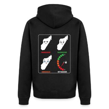 Madagascar Stimmungslevel Glücklich bis Ohne Sprit - Unisex Premium Bio Zip Hoodie - Schwarz - Hinten - Nico (187cm)
