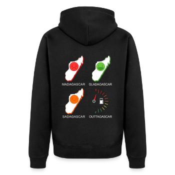 Madagascar Stimmungslevel Glücklich bis Ohne Sprit - Unisex Premium Bio Zip Hoodie - Schwarz - Hinten - Nico (187cm)