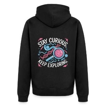 Bleib Neugierig, Entdecke Mehr - Unisex Premium Bio Zip Hoodie - Schwarz - Hinten - Nico (187cm)