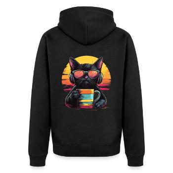 80s Style: Chill Cat with Coffee - Unisex Premium Organic Zip Hoodie - black - Back - Nico (187cm)