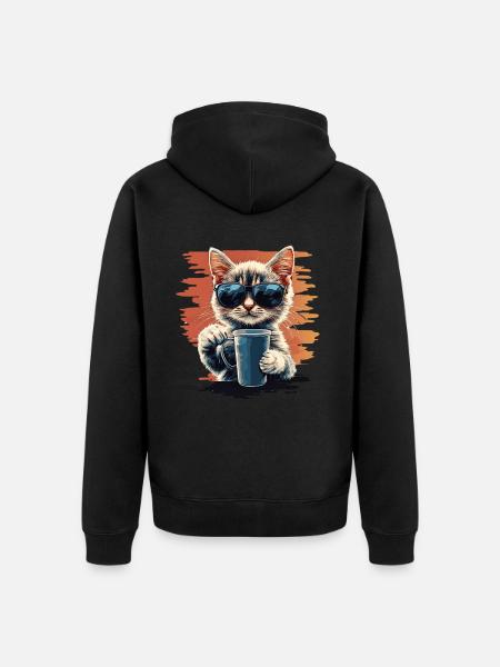Cool cat with sunglasses & coffee - Unisex Premium Organic Zip Hoodie - black
