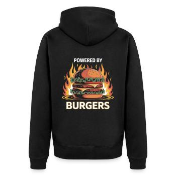 Powered by Burgers – Fire & Cheeseburger Shirt - Unisex Premium Organic Zip Hoodie - black - Back - Nico (187cm)