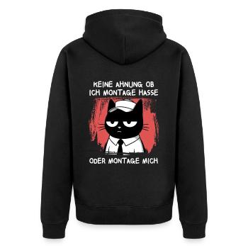 Müde Katze mit Cap – Ich hasse Montage - Unisex Premium Bio Zip Hoodie - Schwarz - Hinten - Nico (187cm)