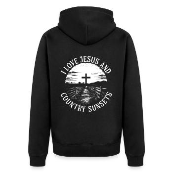 I Love Jesus Und Country Sunsets Cross - Unisex Premium Bio Zip Hoodie - Schwarz - Hinten - Nico (187cm)