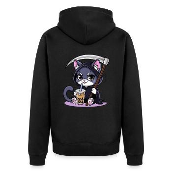 Sensenmann Katze Anime Katze Bubble Tea - Unisex Premium Bio Zip Hoodie - Schwarz - Hinten - Nico (187cm)