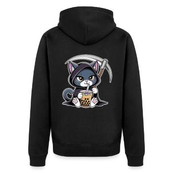 Sensenmann Katze Anime Katze Bubble Tea - Unisex Premium Bio Zip Hoodie - Schwarz - Hinten - Nico (187cm)