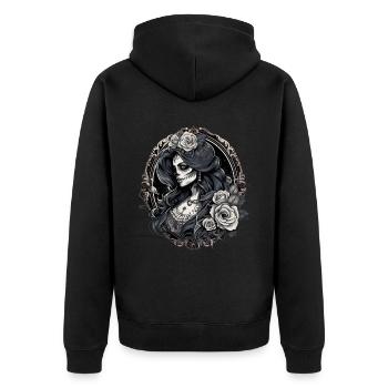 Ästhetische La Catrina - Unisex Premium Bio Zip Hoodie - Schwarz - Hinten - Nico (187cm)