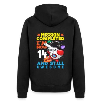 Mission accomplie J’ai maintenant 14 ans et je suis toujours aussi bien - Veste à capuche bio Premium Unisexe - noir - Dos - Nico (187cm)
