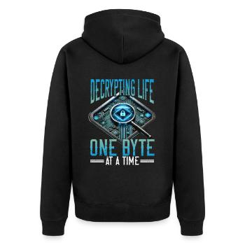 Digitale Forensik Decrypting Life - Unisex Premium Bio Zip Hoodie - Schwarz - Hinten - Nico (187cm)