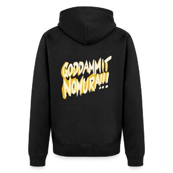 Goddammit Nomura – Gelbes Design - Unisex Premium Bio Zip Hoodie - Schwarz - Hinten - Nico (187cm)