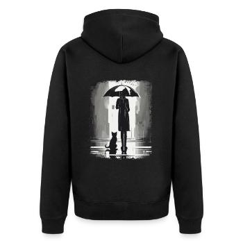 Woman and cat waiting under umbrella in the rain - Unisex Premium Organic Zip Hoodie - black - Back - Nico (187cm)