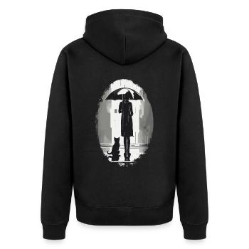 Woman and cat waiting under umbrella in the rain - Unisex Premium Organic Zip Hoodie - black - Back - Nico (187cm)