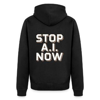 Stop Ai Now gegen KI - Unisex Premium Bio Zip Hoodie - Schwarz - Hinten - Nico (187cm)