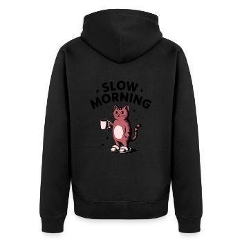 Slow Morning Coffee Cat - Unisex Premium Organic Zip Hoodie - black - Back - Nico (187cm)