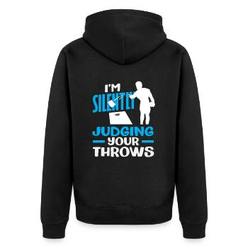 Cornhole Liebhaber Still Beurteile Ich Deine Würfe - Unisex Premium Bio Zip Hoodie - Schwarz - Hinten - Nico (187cm)