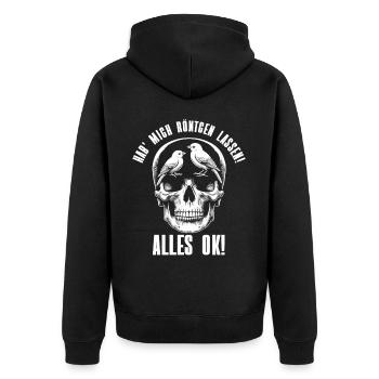 Hab' mich röntgen lassen! Alles ok! Sarkastischer - Unisex Premium Bio Zip Hoodie - Schwarz - Hinten - Nico (187cm)