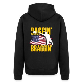 Baggin' Braggin' Cornhole Spieler USA - Unisex Premium Bio Zip Hoodie - Schwarz - Hinten - Nico (187cm)