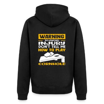 Achtung Vermeide Verletzungen Cornhole Spieler - Unisex Premium Bio Zip Hoodie - Schwarz - Hinten - Nico (187cm)
