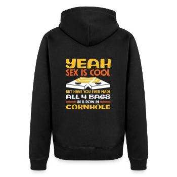 Cornhole Spieler Lustig Spruch - Unisex Premium Bio Zip Hoodie - Schwarz - Hinten - Nico (187cm)