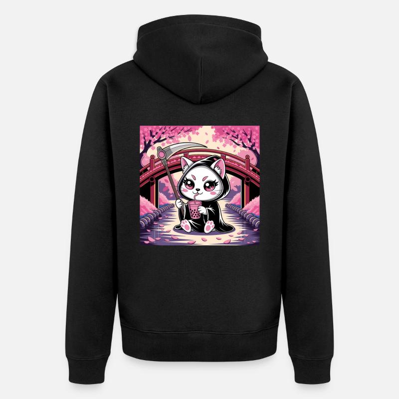 Sensenmann Anime Katze Kirschblüte - Unisex Premium Bio Zip Hoodie - Schwarz