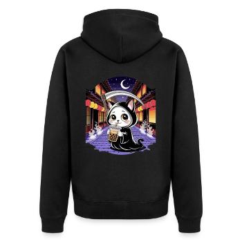 Sensenmann Anime Katze Kirschblüte - Unisex Premium Bio Zip Hoodie - Schwarz - Hinten - Nico (187cm)
