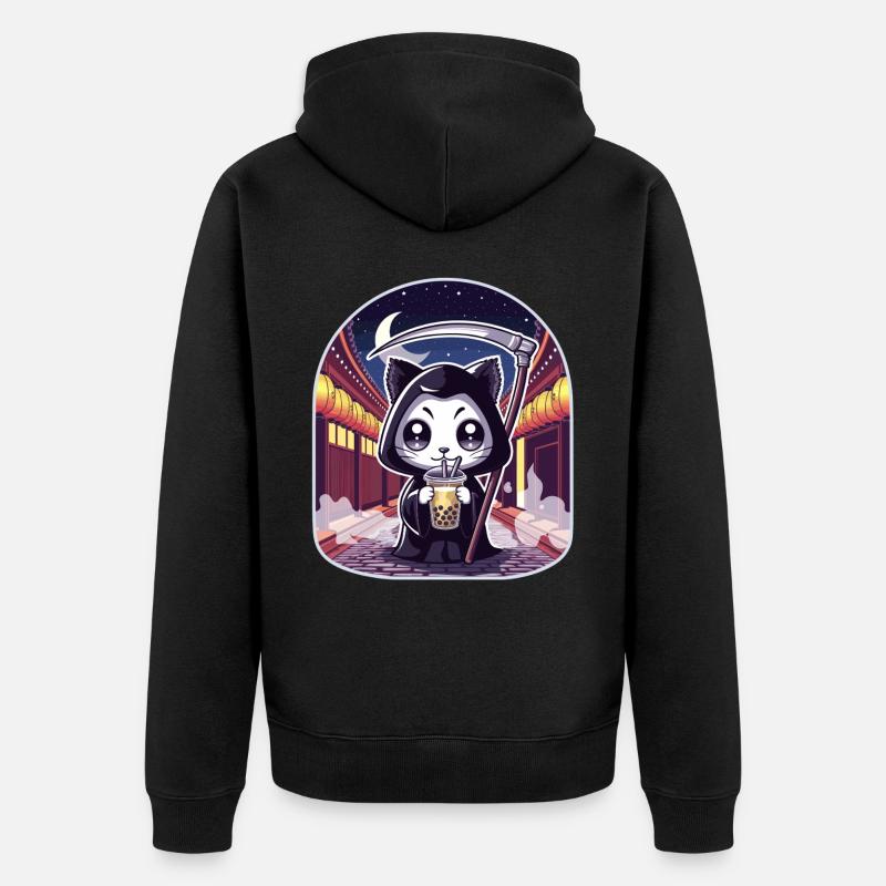Sensenmann Anime Katze Kirschblüte - Unisex Premium Bio Zip Hoodie - Schwarz